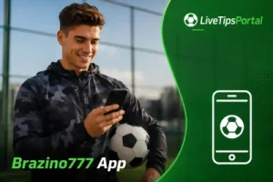 Hombre con balón de fútbol usando la app Brazino777