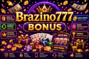 Banner de Brazino777 Bonus con monedas, fichas y tragamonedas