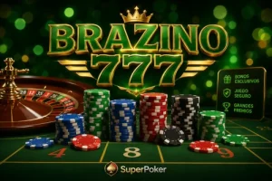 Mesa de casino con fichas de colores y logo de BRAZINO 777